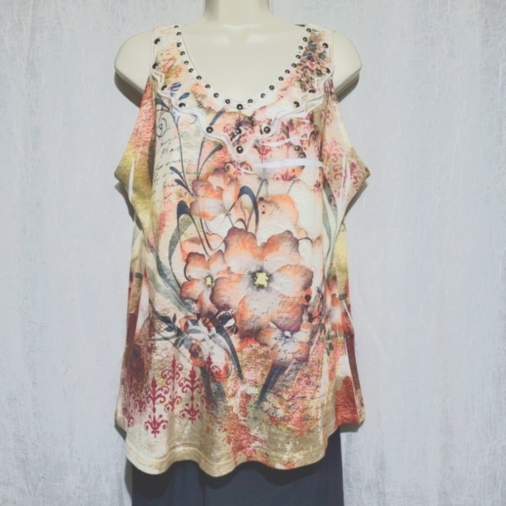 Dressbarn Floral sleeveless V-Neck Tank MADE in U.S.A. (Petite XL)